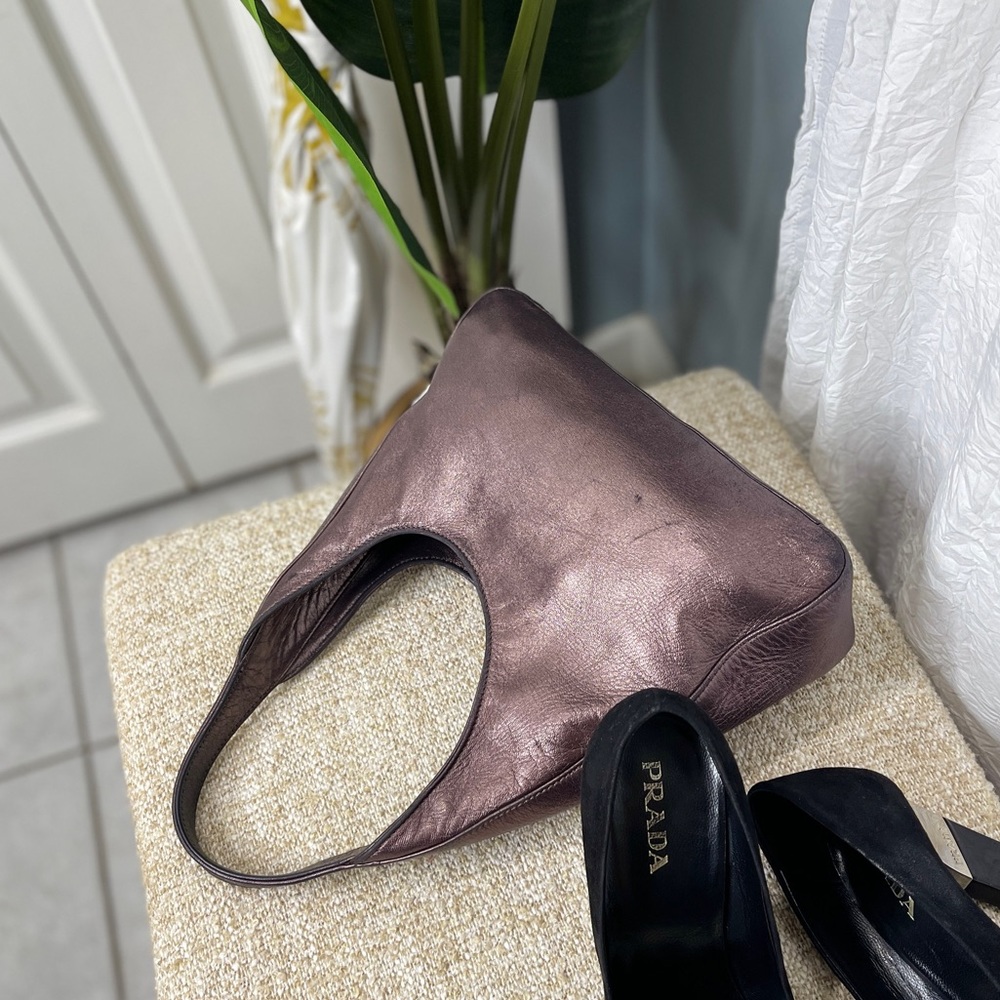 Rare Prada mini asymmetrical hobo leather pewter grey metallic handbag